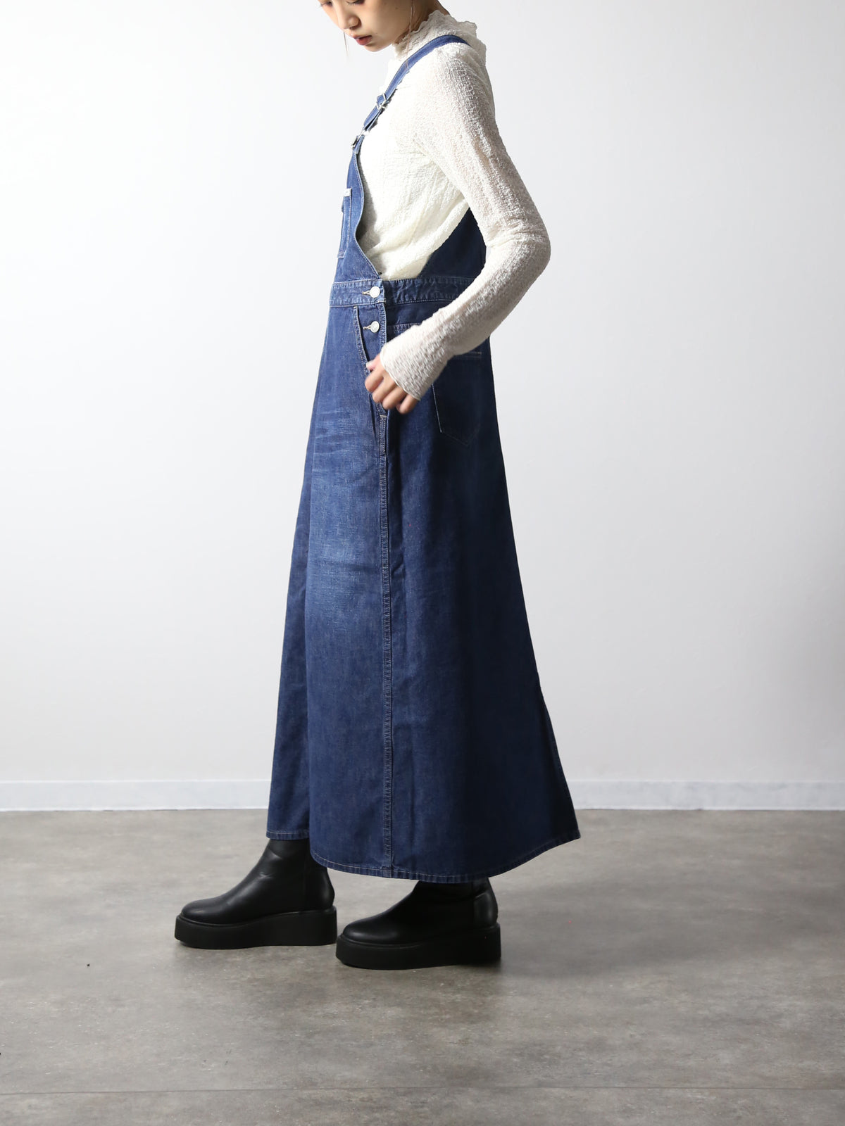 デニムオーバーオールスカート　サロペット　インディゴカラー　レディス