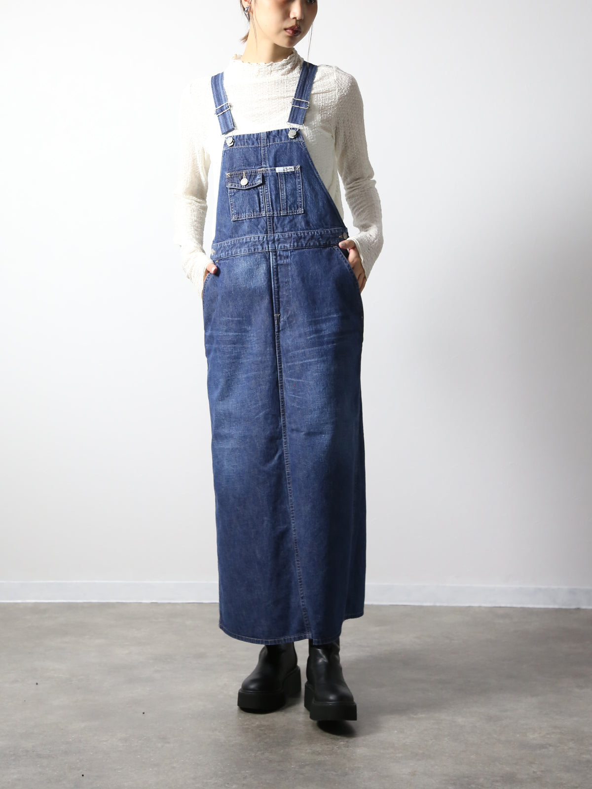 デニムオーバーオールスカート　サロペット　インディゴカラー　レディス