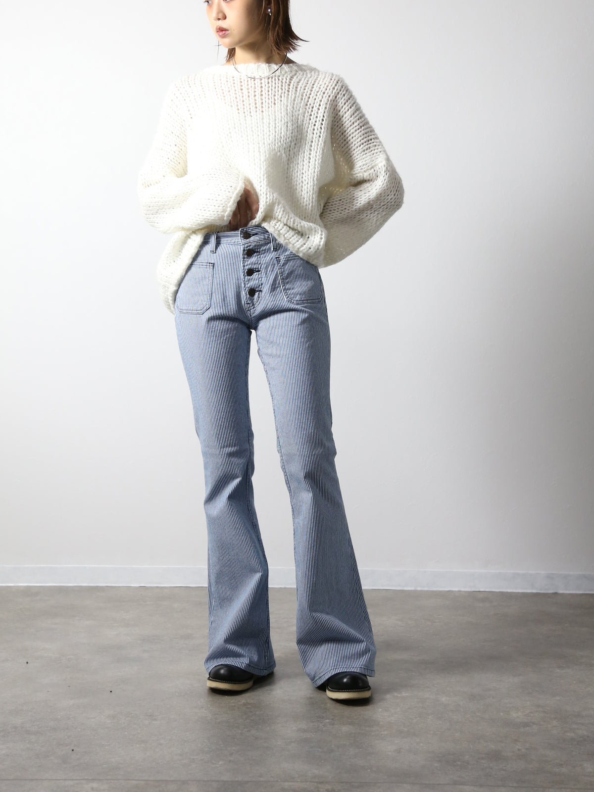 貼りポケヒッコリーベルボトムジーンズ　1970年代復刻  ブリーチカラー/ユニセックス