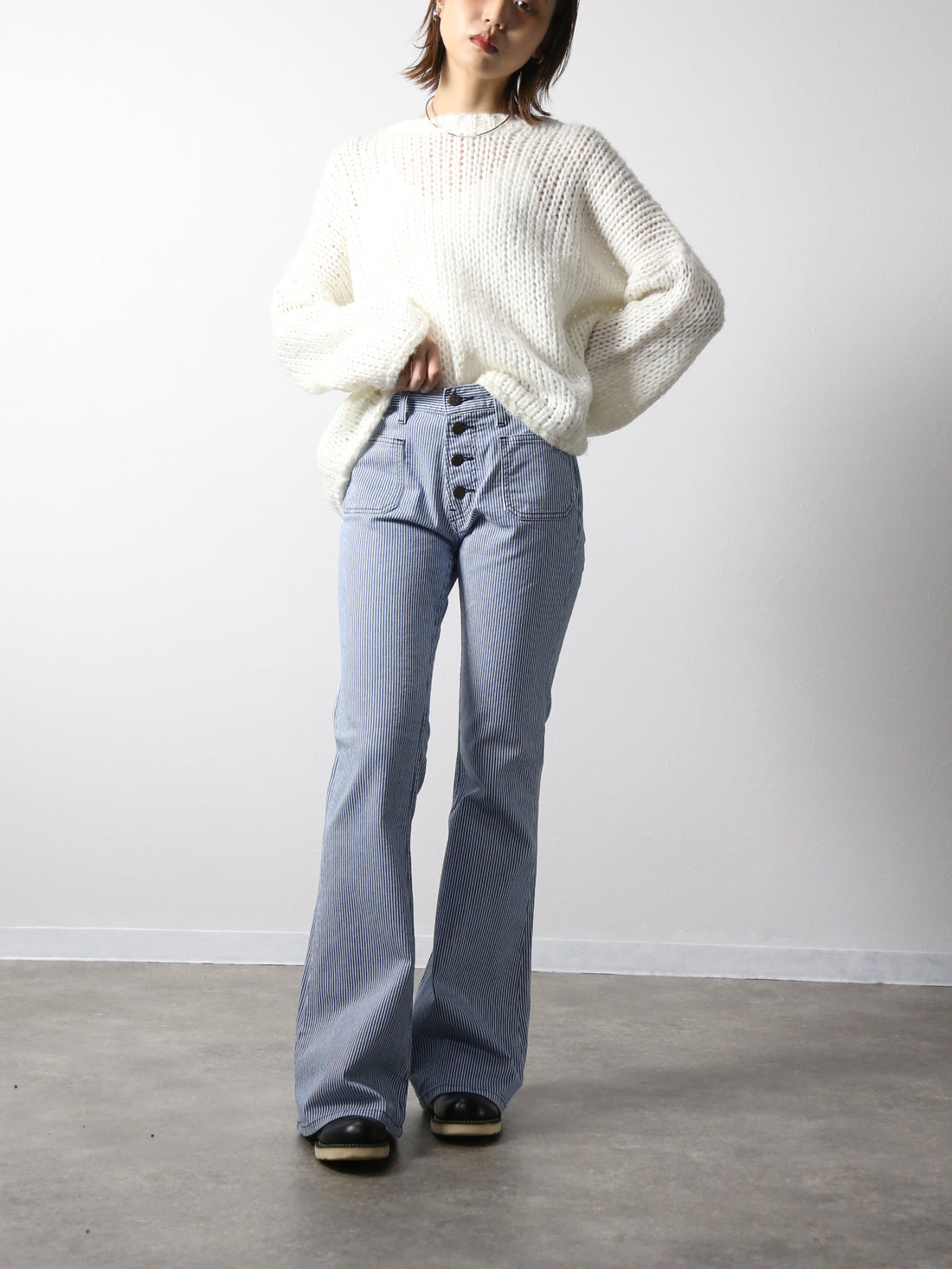 貼りポケヒッコリーベルボトムジーンズ　1970年代復刻  ブリーチカラー/ユニセックス