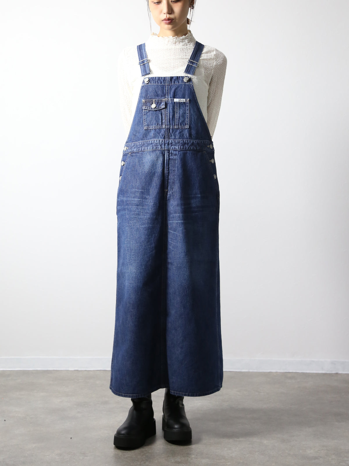 デニムオーバーオールスカート　サロペット　インディゴカラー　レディス
