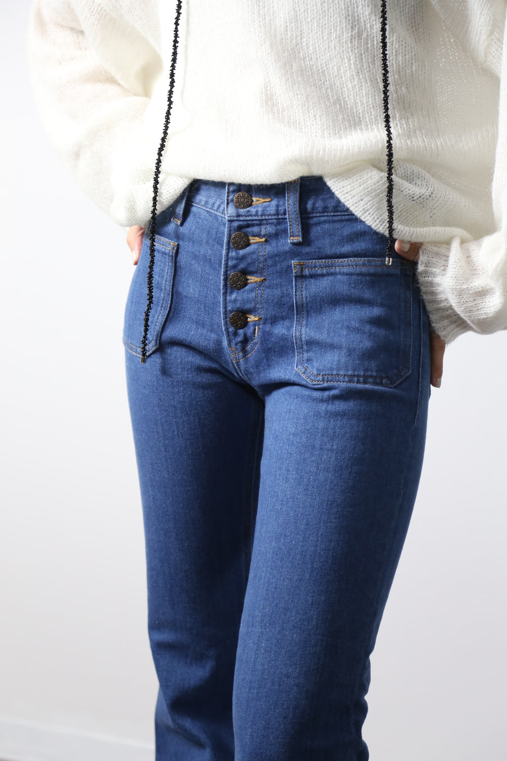 12.5oz 貼りポケベルボトムジーンズ　1970年代復刻  レトロブリーチカラー/ユニセックス