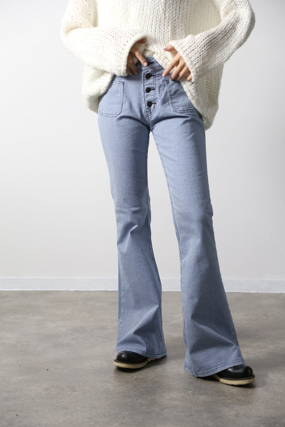 貼りポケヒッコリーベルボトムジーンズ　1970年代復刻  ブリーチカラー/ユニセックス